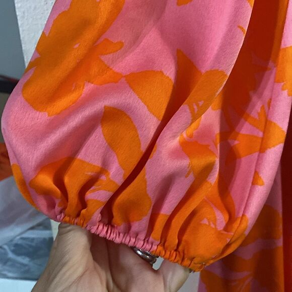 Like New Orange Floral Wrap Front Cutout Pink Midi Dress - Picture 6 of 8